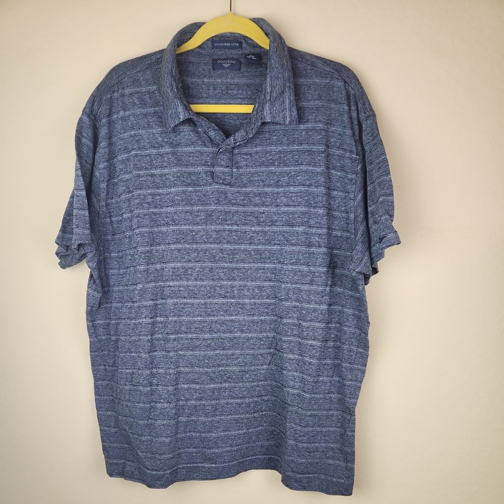 Dockers Mens XXL Blue Striped 100% Mercerized Cotton Short Sleeve‎ Polo Shirt